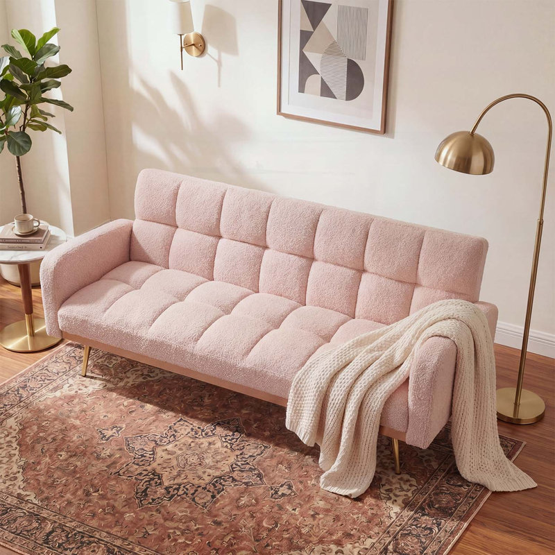 Canapé-lit ajustable en polaire de 69 pouces, multifonctionnel et confortable pour les petits espaces, Ourson rose