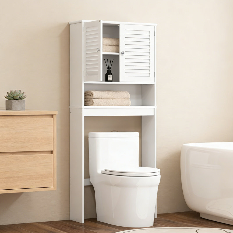 Armoire de rangement au-dessus de la toilette avec portes à lattes, organisateur de salle de bain autoportant à 3 niveaux avec tablette réglable et dispositif anti-basculement, peu encombrant pour la salle de bain et la salle de lavage