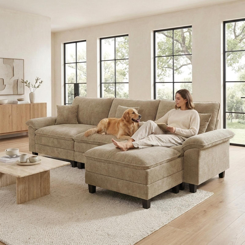 123'' Cloud Modular Couch Sofa, Oversized 3 Seat Comfy Sofa For Living Room, Sectional Couches With Ottoman, Detachable Seat Cushion & Backrest Cover, Chenille Fabric Oatmeal