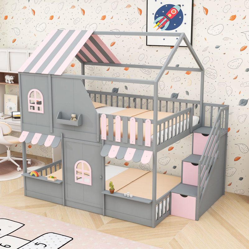 Lit superposé double en bois avec tablettes, escalier et porte, Grey Pink