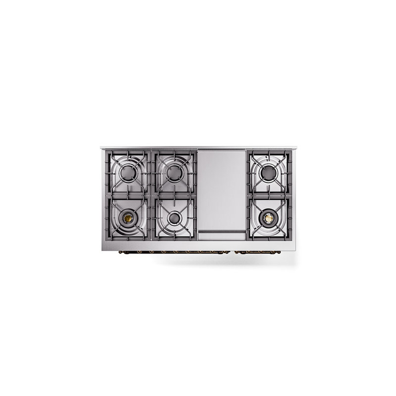ILVE Nostalgie II Series 48 inch Dual Fuel Range with 8 Sealed Burners, Griddle (Glass Door), Liquid Propane, White/Bronze