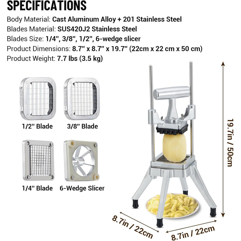 Commercial Vegetable Fruit Slicer With 4 Stainless Steel Blades (1/4", 3/8", 1/2" & 6-Wedge Slicer)
