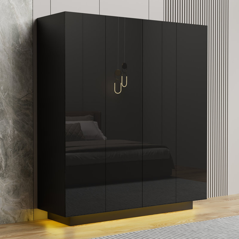4-Door Armoire with High Gloss Finish and LED Lights, Black