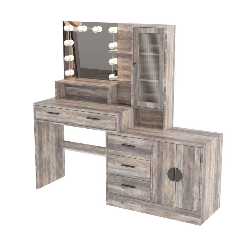 Coiffeuse de maquillage avec lumières, prise USB et prise de courant et armoire à tiroirs, Gris