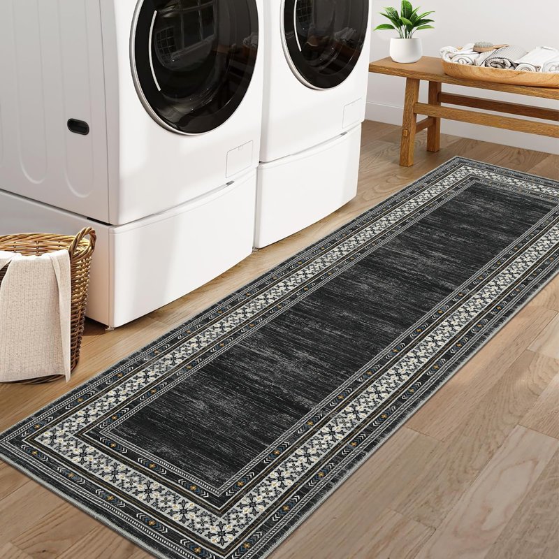Rectangle Geometric Washable Area Rug, Black, Runner 60 x 230 cm