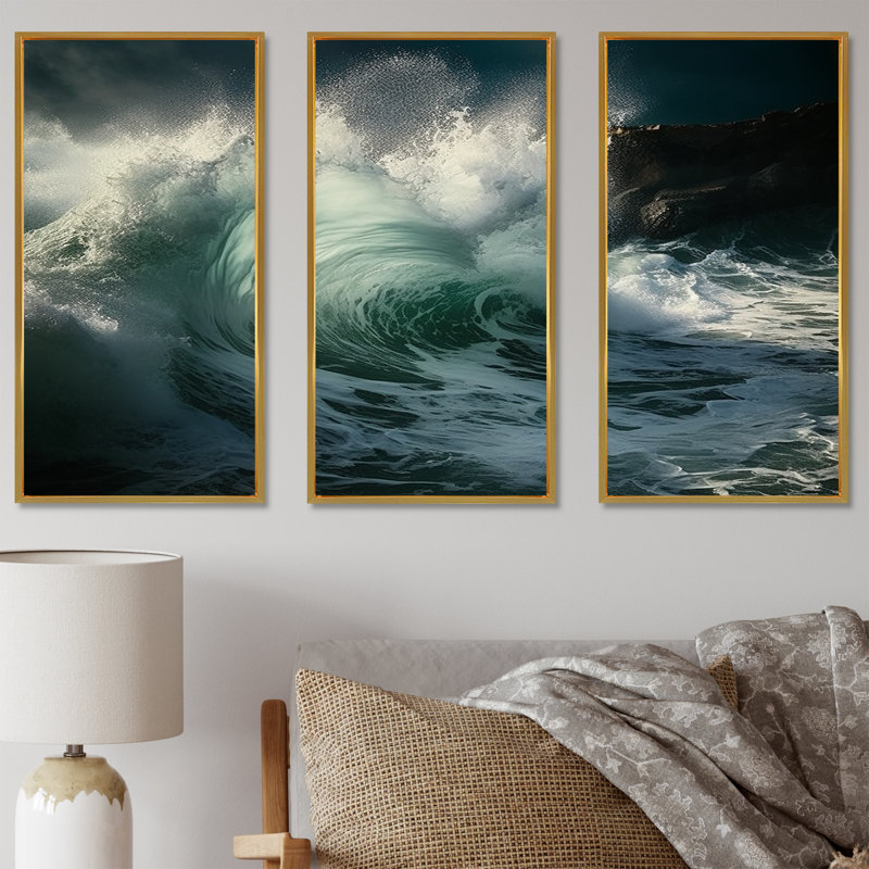 «Rocky Beach Scenery II - Ocean», ensemble d'art sur toile, Cadre flottant doré, H 28 po x l 36 po x P 1 po