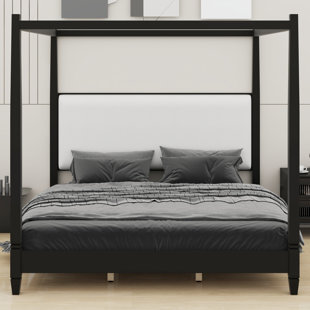 Elegant Canopy Platform Bed with Upholstery Headboard & Durable Wood Slat Support System
