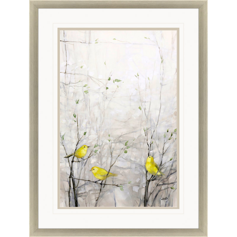 Yellow Birds in Trees Watercolor Print with Gold Wood Frame
