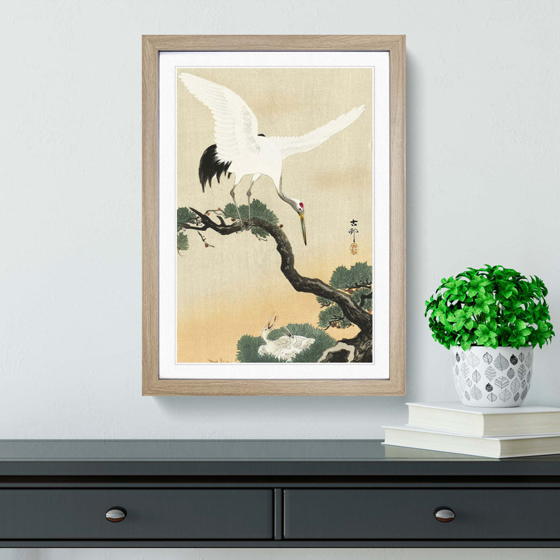 Japanese Crane Birds by Ohara Koson - Framed Print, 36cm H x 27cm W x 2cm D, Oak Framed