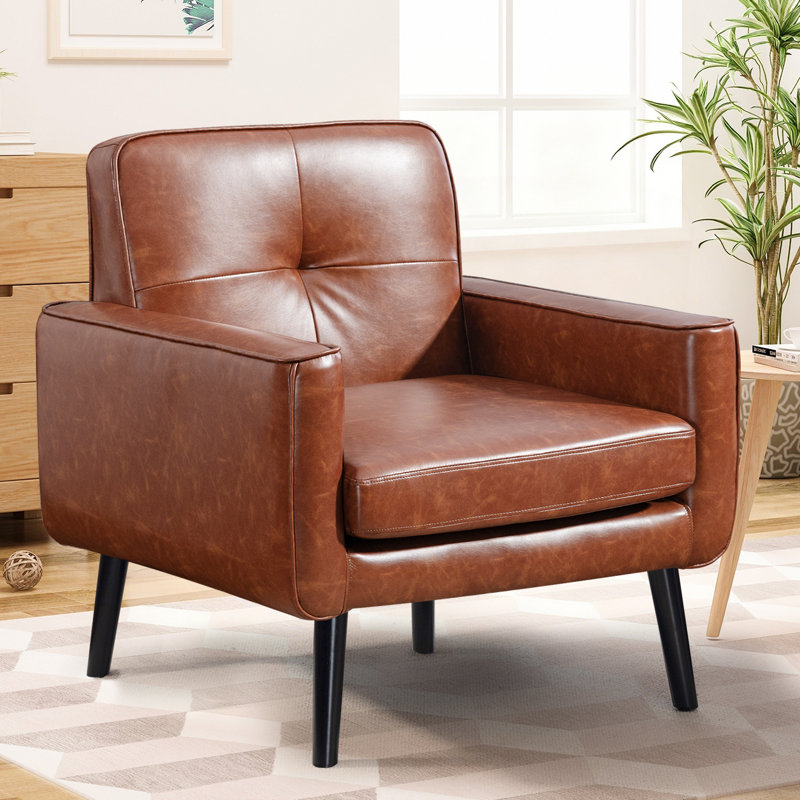 Fauteuil d'appoint Meleri Mid Century, petit fauteuil d'appoint en cuir PU avec cadre en bois, fauteuil de lecture confortable avec dossier confortable pour appartement, salon, chambre à coucher, salle d'attente