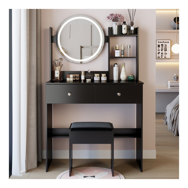 17" Round LED Mirror Vanity Table + Soft Cushion Stool Set, Large Mirror, Touch Switch, 3 Colors, Adjustable Brightness, Large Desktop, Multi-Layer High Capacity Storage, Suitable For Small Space