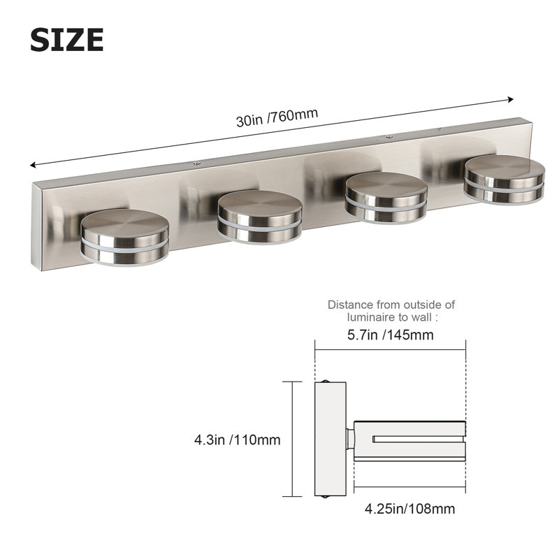 Luminaire de salle de bain 4 lumières à DEL à intensité variable moderne 4cc, 4, Nickel