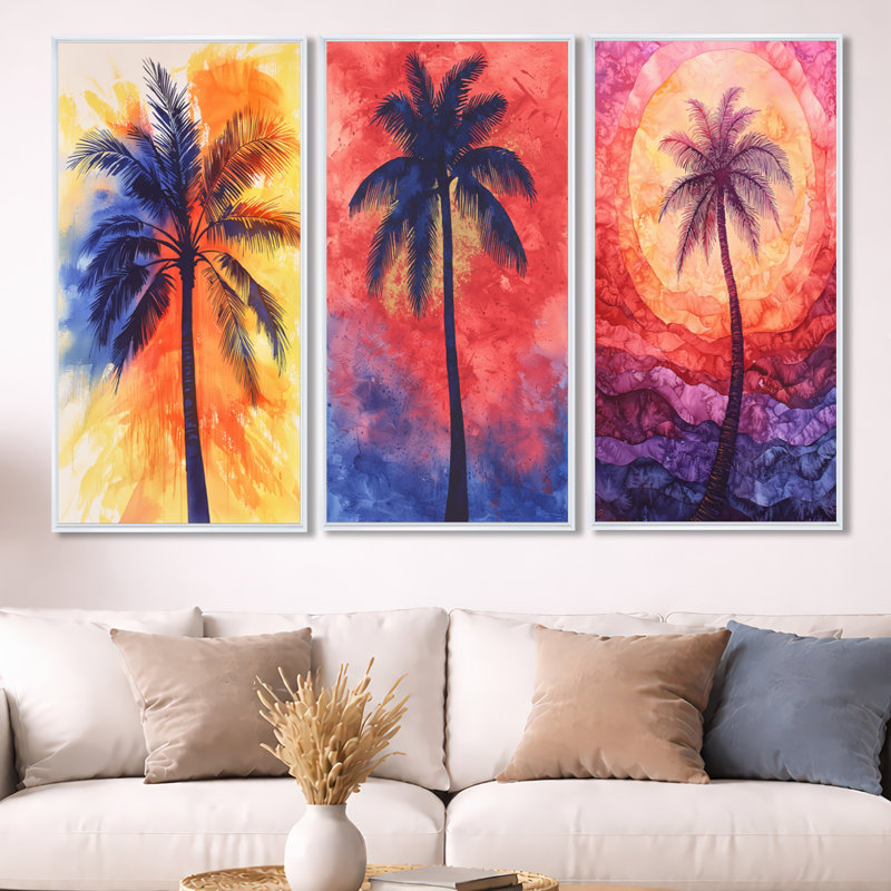 «Radiant Whirl of Palm Trees in Miami - Black Palms», ensemble de 3 reproductions d'art sur toile, 32" H x 48" W