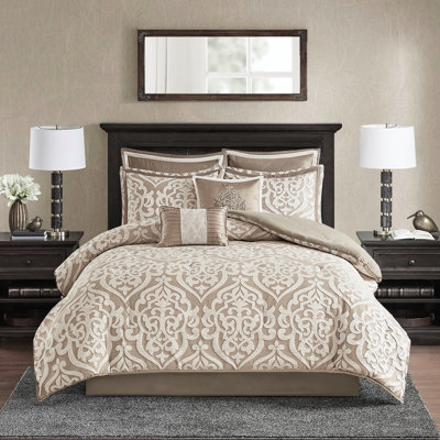 8 Piece Comforter For Queen Bed Tan/ - Elegant Design, Luxury Euro Shams,