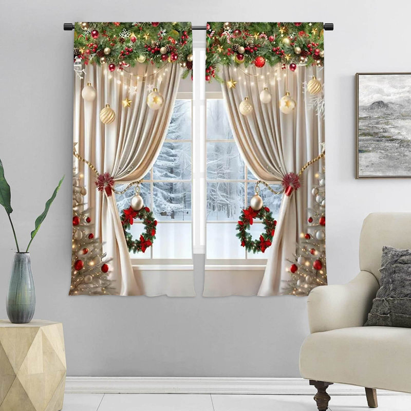 Kbndieu Christmas Rod-Through Champagne Tied Christmas Ball Wreath Outdoor Printed Decorative Curtains, A