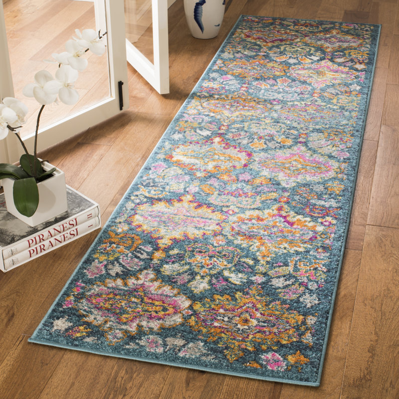 Tapis oriental bleu / orange / rose Christa, Tapis de couloir 2 pi 3 po x 12 pi