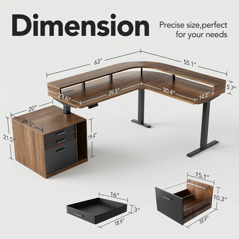 63" X 55" Electric L-shaped Height Adjustable Standing Desk With Led Strip, Power Outlets, File Cabinet, 2-tier Storage & Cable Management