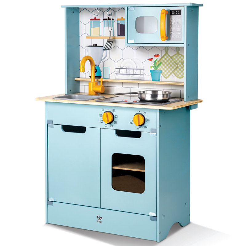 Hape: Ensemble de cuisine léger et sonore - Turquoise - Ensemble de cuisson en bois, micro-ondes, cuisinière, évier, poêle en métal et spatule, enfants de 3 ans et plus