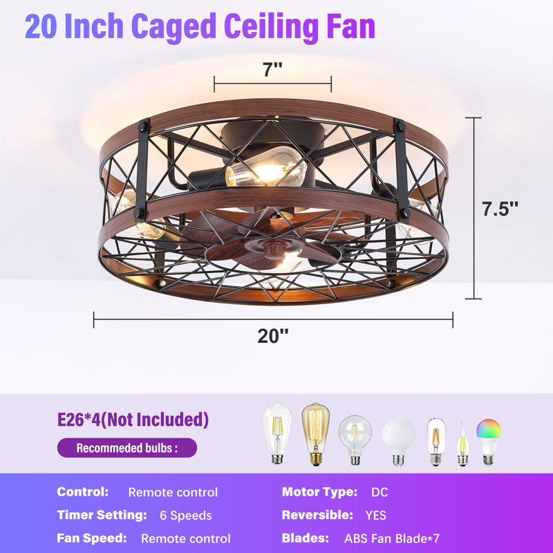 20 in Caged Flush Mount Ceiling Fan with Light, Remote and Bluetooth App Control, Walnut, 20 in