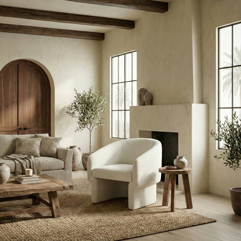 Mia Upholstered Wide Barrel Chair, Ivory Boucle