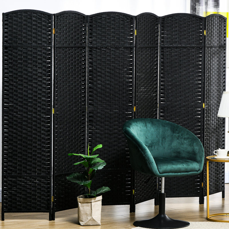 Paravent de 5,6 pi de hauteur, paravent pliable 6 panneaux. Noir pour la chambre à coucher et le bureau personnel. Cloison autoportante avec captation tissée à la main et cloison supérieure arquée, écran. Bureau, chambre à coucher.