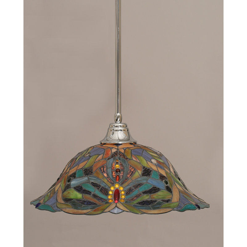 Stem Hung Pendant With Glass, Chrome, 18", Kaleidoscope Tiffany Glass