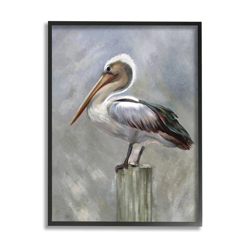 Pélican reposant sur un pilier en bois gris doux par Heather Hayes - impression, H 30 po x l 24 po