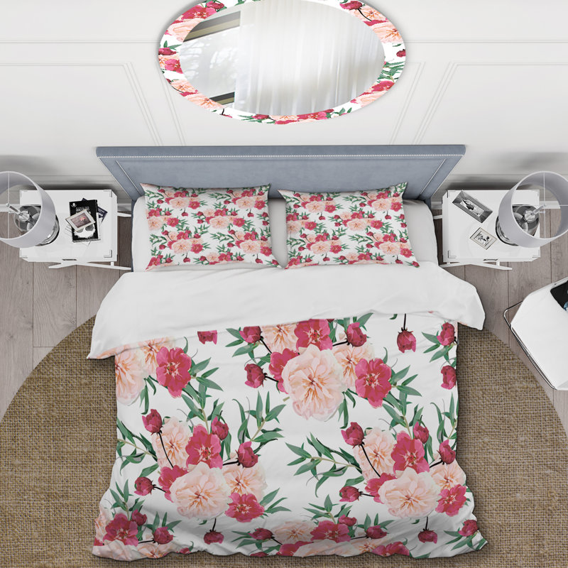 Roses roses et feuille verte - ensemble de housse de couette floral - microfibre de polyester