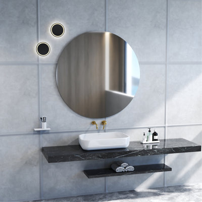 Miroir de salle de bain 70 cm, miroir rond, panneau blanc mat