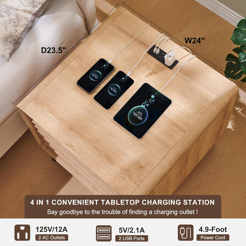 24" Mid Century Nightstand With 2 Drawers & Charging Station, Natural Oak Top/Natural Oak Base
