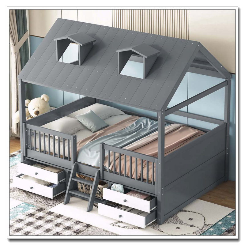 Structure de lit double en bois, Gris