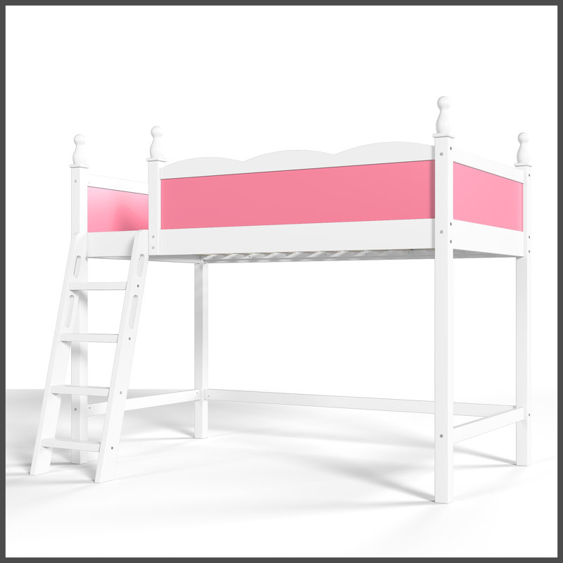 Lit mezzanine double / double en bois massif avec garde-corps de sécurité, échelle - blanc, Rose et blanc