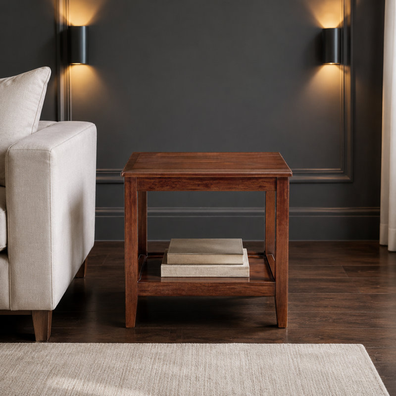Solid Wood Rustic Side Table, 2-Tier End Table with Open Storage Shelf, Multi-Functional Sofa Side Table