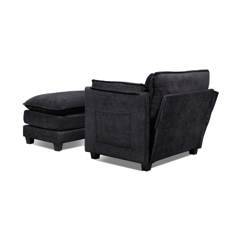 Canapé-lit une place surdimensionné en bouclette avec pouf et larges accoudoirs, Bouclé noir