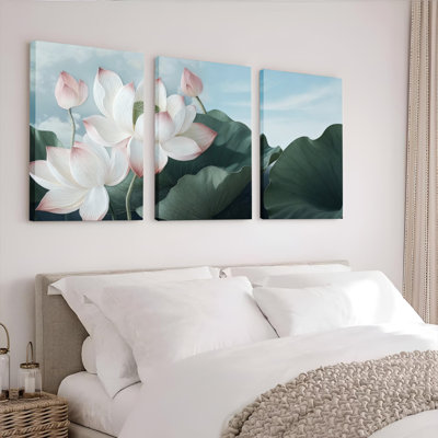 Lotus Flower Canvas Wrapped Wall Art Oil Painting Print Set of 3