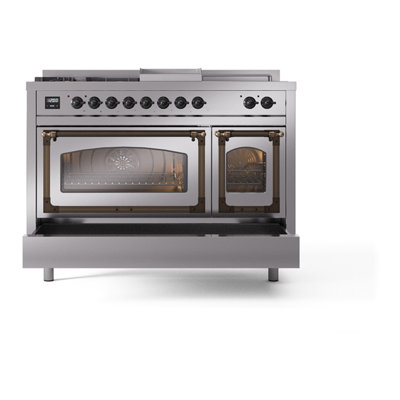 ILVE Nostalgie II Noblesse 48 inch Dual Fuel Range (5 Sealed Burners + Griddle + French Top, Triple Glass Door)