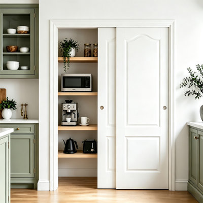 Porte coulissante blanche à 2 panneaux de style shaker avec cadre et porte intérieure moderne pour garde-manger, garde-robe et salle de lavage