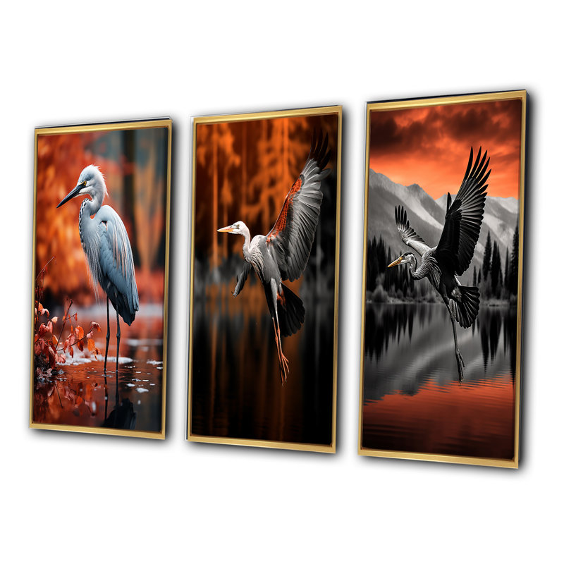 «Heron Graceful Waters», 3 pièces sur toile, Encadrement doré, H 40 po x l 60 po