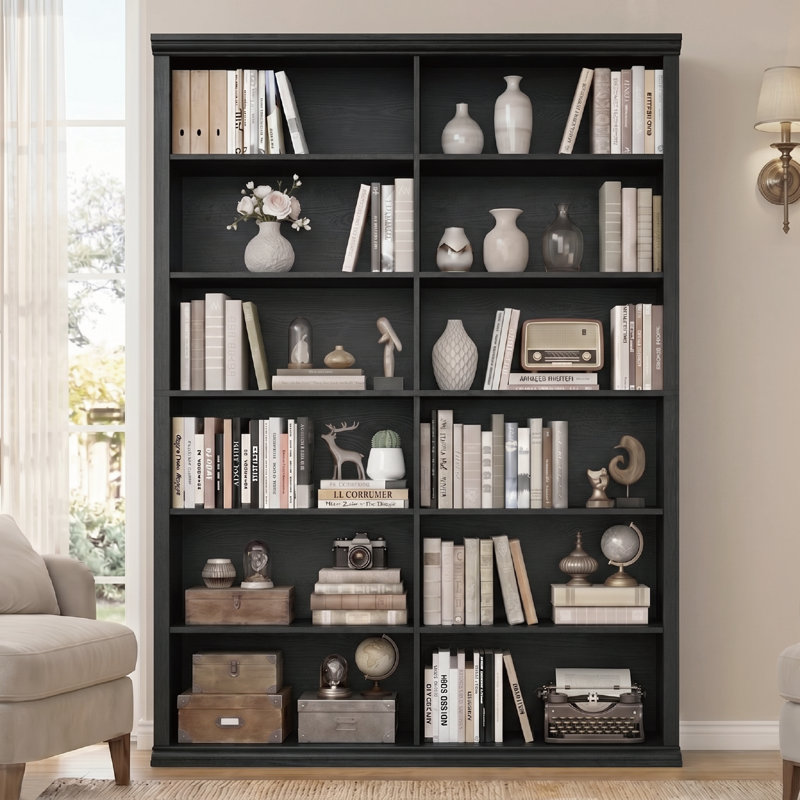 Bibliothèque double en bois H 72 "x l 47,2" à 6 niveaux, Black