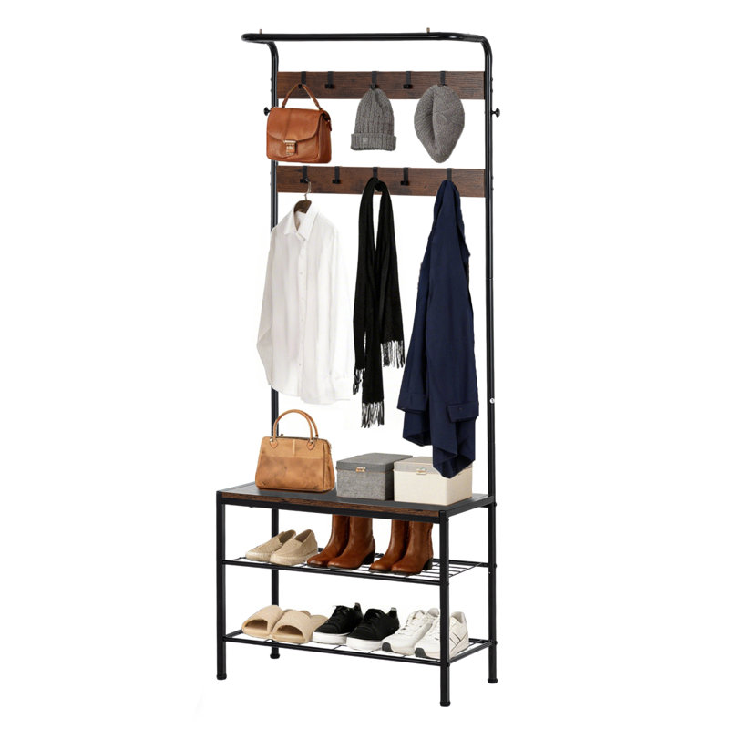 4-In-1 Entryway Hall Tree With 10 Hooks, 28.3'' Wide Coat Rack With Bench and Shoe Storage, Brown
