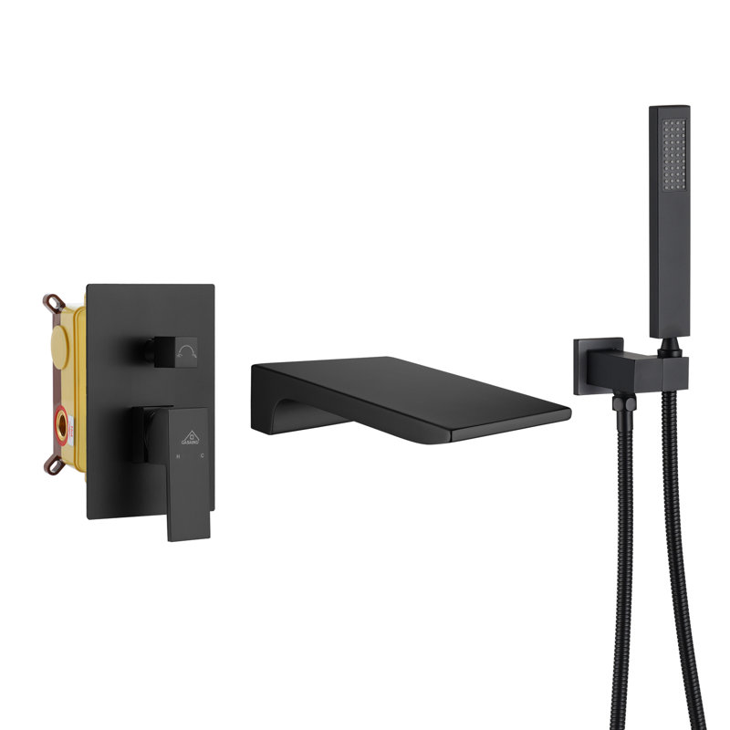 Doux Wall Mounted Waterfall Tub Spout with Diverter and Handheld Shower Head, Matte Black