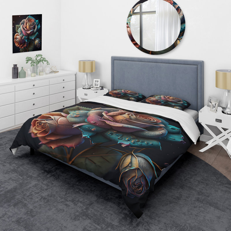 Multicolor Hyper realistic Roses - Floral Duvet Cover Set - Microfiber Polyester, Queen Duvet Cover + 2 Standard Shams