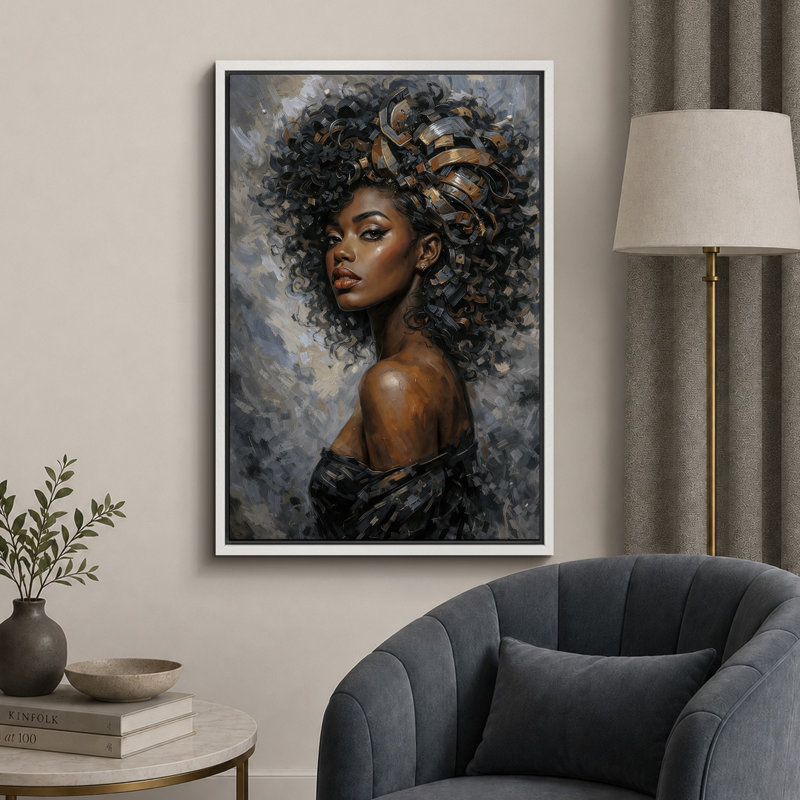 Portrait de femme aux cheveux bouclés, art de chambre à coucher, impression sur toile encadrée, H 36 po x l 24 po x P 1,5 po
