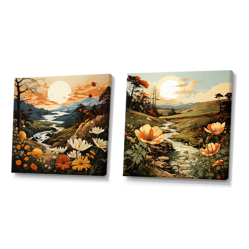 «Bold Botanical Mountain Landscape», 2 pièces, H 30 po x l 61 po, Toile tendue