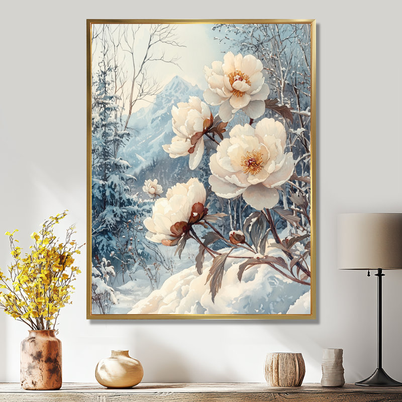 Neige coiffée de pivoines dans la forêt II - pivoines, art mural, H 32 po x l 16 po, Reproduction avec cadre flottant, Doré
