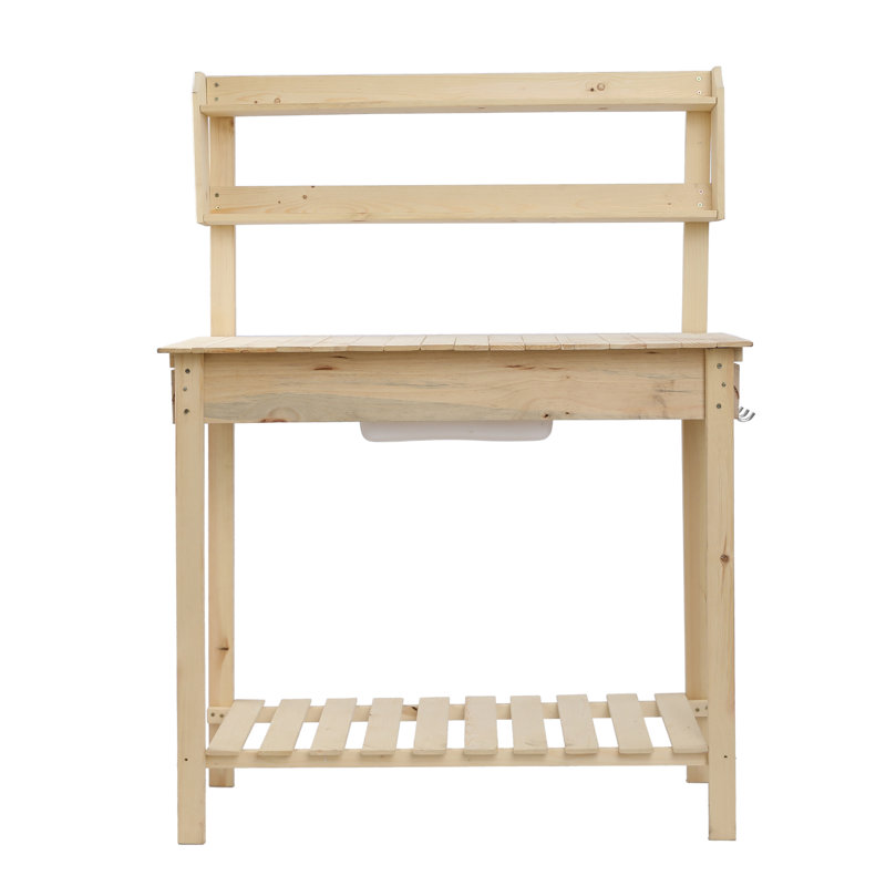 Banc de rempotage en bois avec plateau coulissant