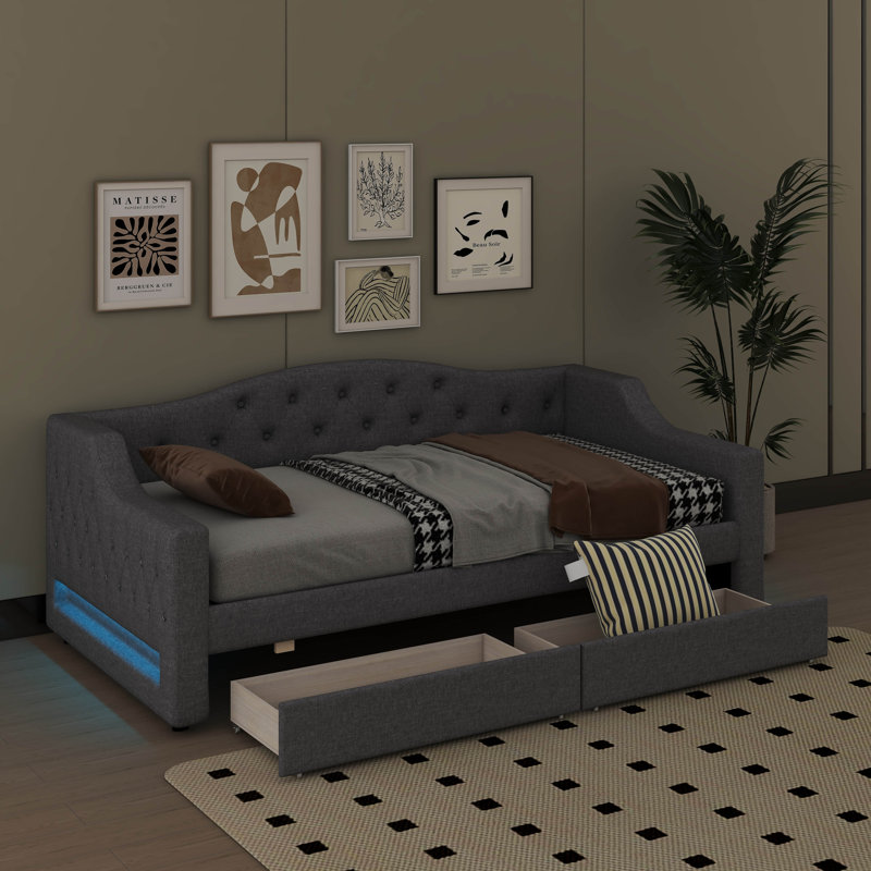 Twin XL Daybed Enhanced With LED Lighting And Dual-Drawer Storage, Gray