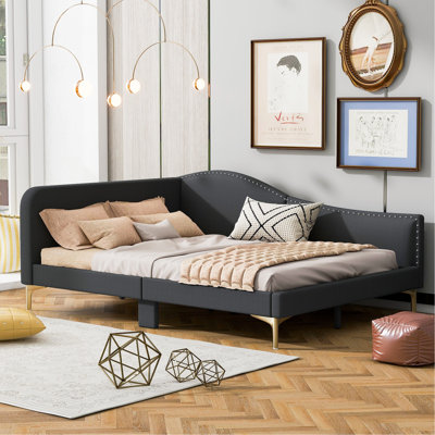 Full Size Upholstered Daybed With Headboard And Armrest, Support Legs, Grey