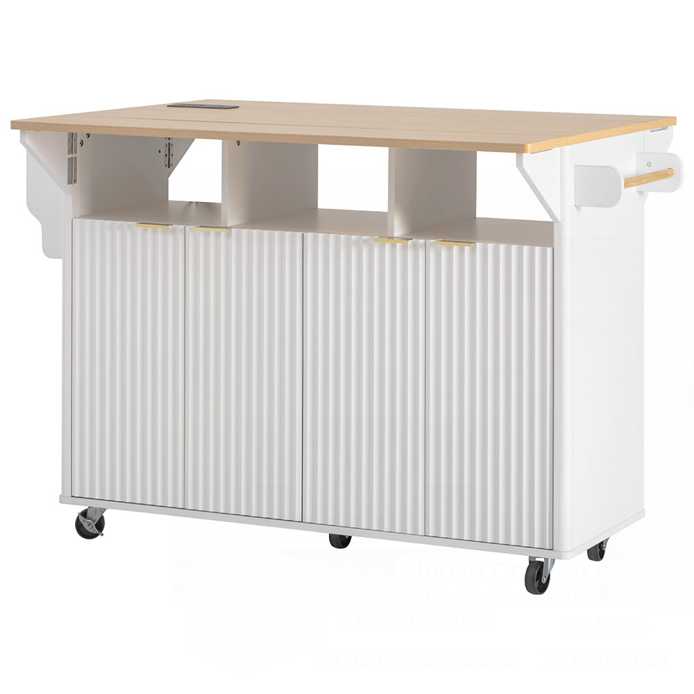 Latitude Run® Fluted Kitchen Island with 2 Drop Leaf, Rolling Cart with ...