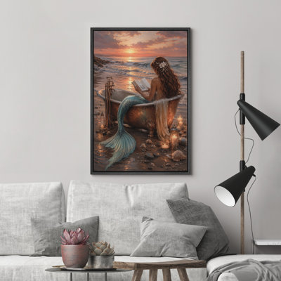 Mermaid Reading in Bathtub Ocean Fantasy Framed Canvas Master Bedroom Wall Art Work Print